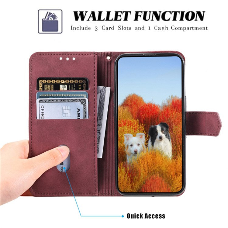 TTUDRCH 004 Skin-touch Leather Splicing Phone Cover for vivo Y72 5G, RFID Blocking Stand Flip Wallet Case with Strap - Wine Red