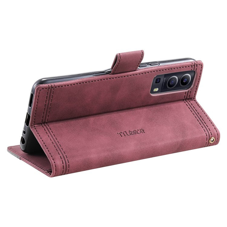 TTUDRCH 004 Skin-touch Leather Splicing Phone Cover for vivo Y72 5G, RFID Blocking Stand Flip Wallet Case with Strap - Wine Red