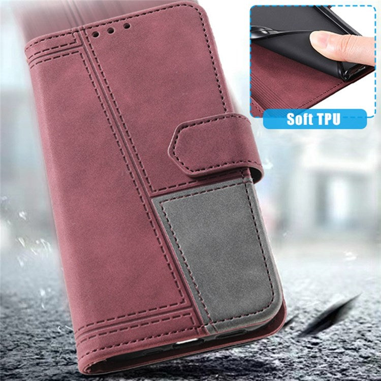 TTUDRCH 004 Skin-touch Leather Splicing Phone Cover for vivo Y72 5G, RFID Blocking Stand Flip Wallet Case with Strap - Wine Red