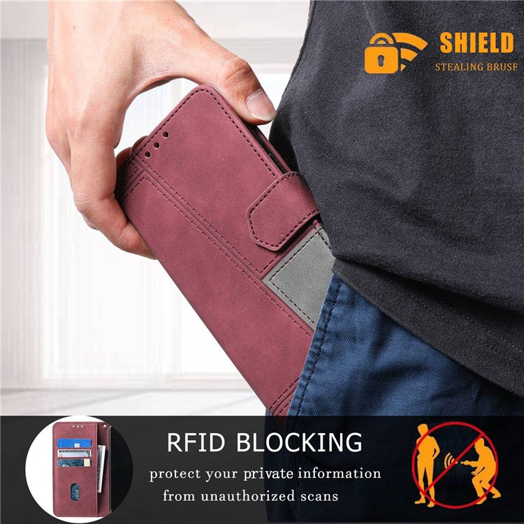 TTUDRCH 004 Skin-touch Leather Splicing Phone Cover for vivo Y72 5G, RFID Blocking Stand Flip Wallet Case with Strap - Wine Red