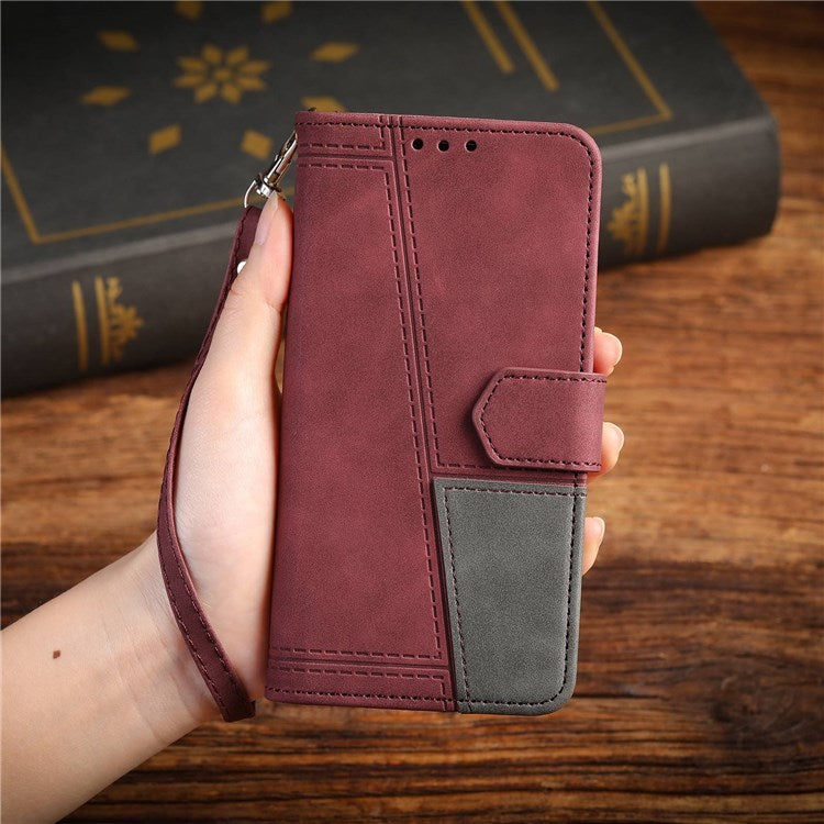 TTUDRCH 004 Skin-touch Leather Splicing Phone Cover for vivo Y72 5G, RFID Blocking Stand Flip Wallet Case with Strap - Wine Red