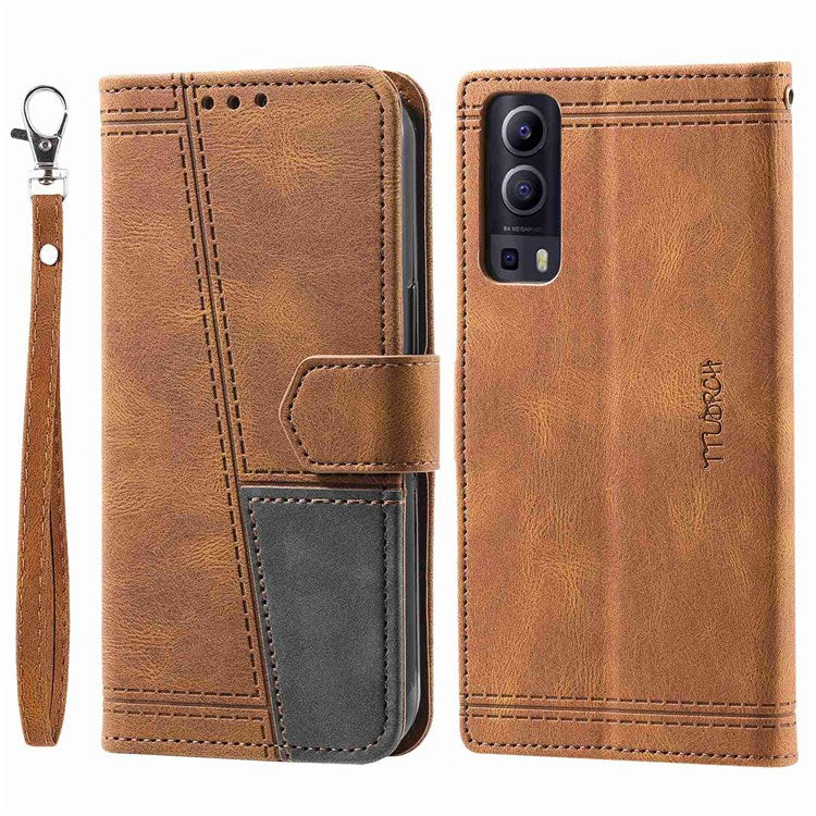 TTUDRCH 004 Skin-touch Leather Splicing Phone Cover for vivo Y72 5G, RFID Blocking Stand Flip Wallet Case with Strap - Brown