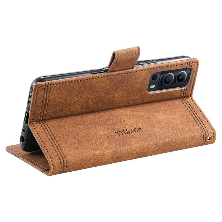 TTUDRCH 004 Skin-touch Leather Splicing Phone Cover for vivo Y72 5G, RFID Blocking Stand Flip Wallet Case with Strap - Brown