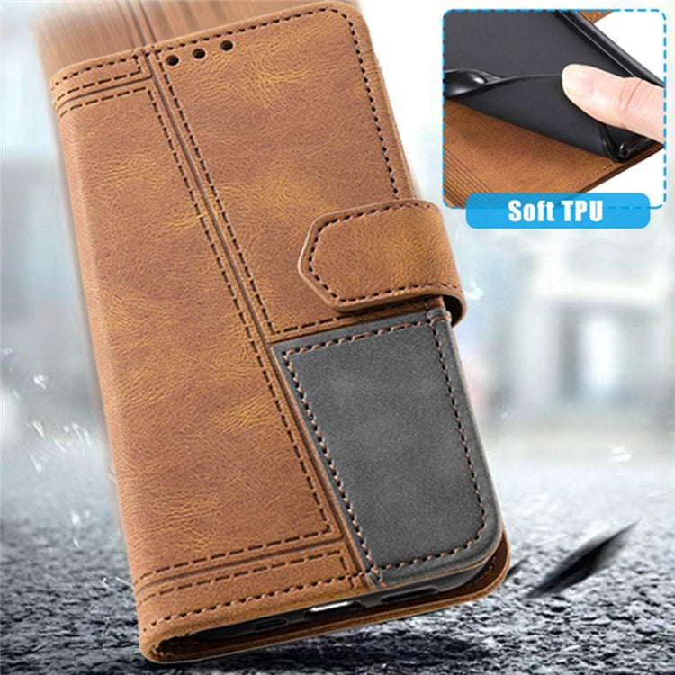 TTUDRCH 004 Skin-touch Leather Splicing Phone Cover for vivo Y72 5G, RFID Blocking Stand Flip Wallet Case with Strap - Brown