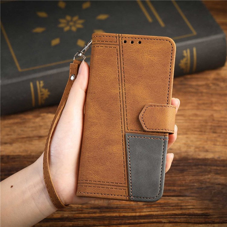 TTUDRCH 004 Skin-touch Leather Splicing Phone Cover for vivo Y72 5G, RFID Blocking Stand Flip Wallet Case with Strap - Brown