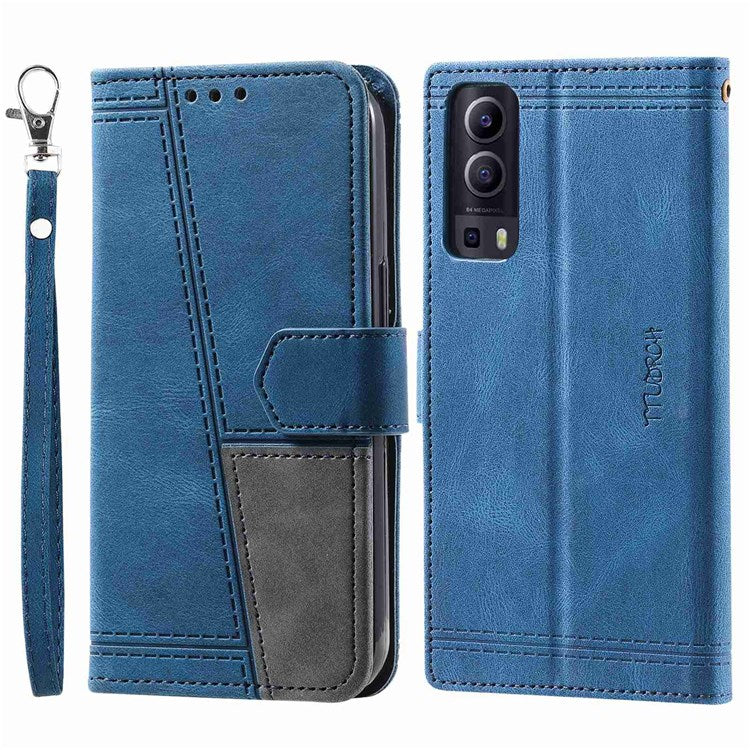 TTUDRCH 004 Skin-touch Leather Splicing Phone Cover for vivo Y72 5G, RFID Blocking Stand Flip Wallet Case with Strap - Blue