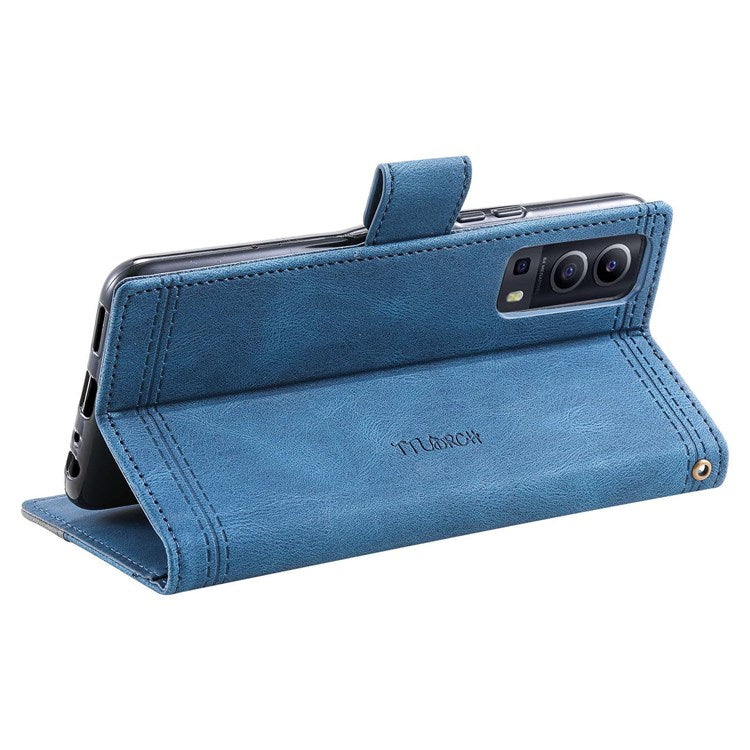 TTUDRCH 004 Skin-touch Leather Splicing Phone Cover for vivo Y72 5G, RFID Blocking Stand Flip Wallet Case with Strap - Blue