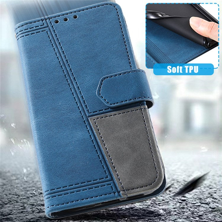 TTUDRCH 004 Skin-touch Leather Splicing Phone Cover for vivo Y72 5G, RFID Blocking Stand Flip Wallet Case with Strap - Blue