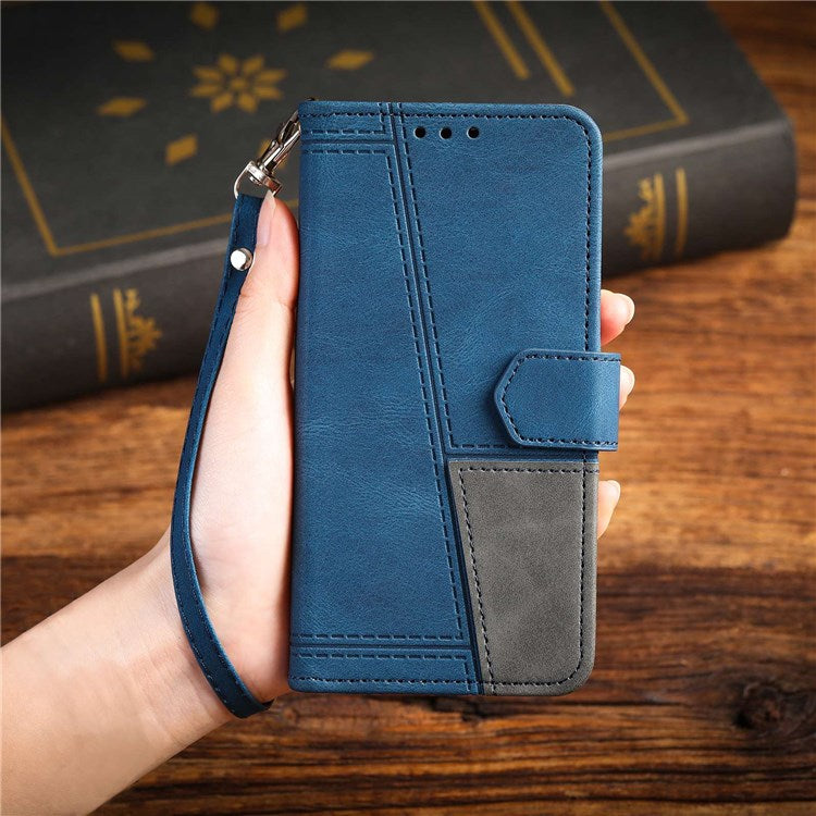 TTUDRCH 004 Skin-touch Leather Splicing Phone Cover for vivo Y72 5G, RFID Blocking Stand Flip Wallet Case with Strap - Blue