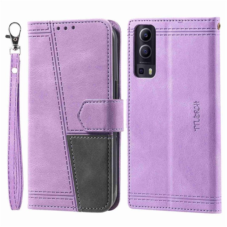 TTUDRCH 004 Skin-touch Leather Splicing Phone Cover for vivo Y72 5G, RFID Blocking Stand Flip Wallet Case with Strap - Purple