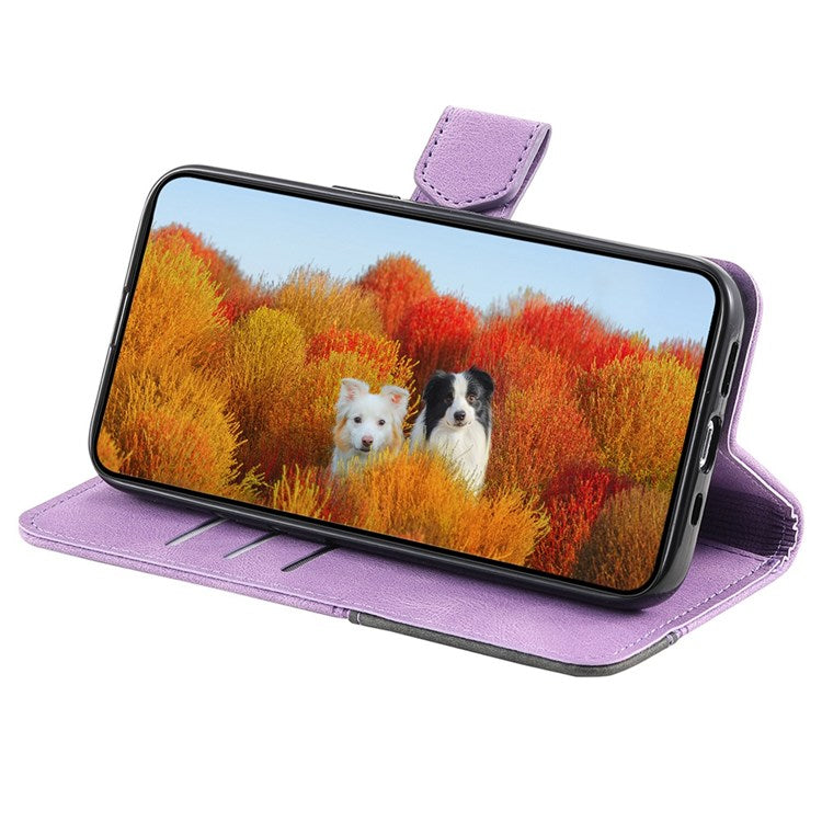 TTUDRCH 004 Skin-touch Leather Splicing Phone Cover for vivo Y72 5G, RFID Blocking Stand Flip Wallet Case with Strap - Purple