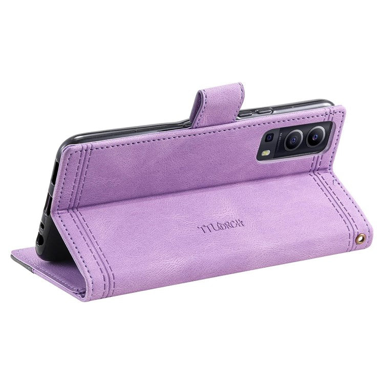 TTUDRCH 004 Skin-touch Leather Splicing Phone Cover for vivo Y72 5G, RFID Blocking Stand Flip Wallet Case with Strap - Purple