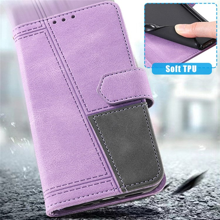 TTUDRCH 004 Skin-touch Leather Splicing Phone Cover for vivo Y72 5G, RFID Blocking Stand Flip Wallet Case with Strap - Purple