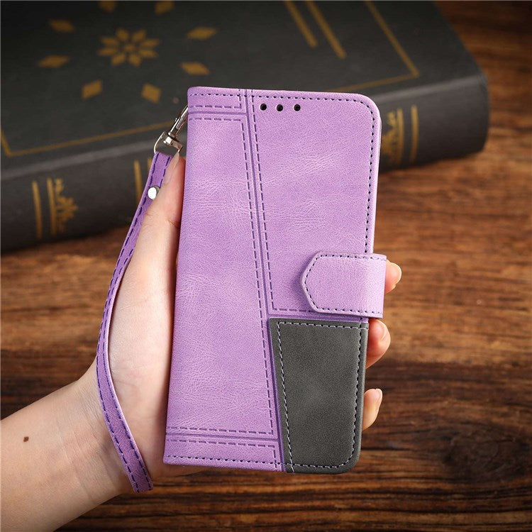 TTUDRCH 004 Skin-touch Leather Splicing Phone Cover for vivo Y72 5G, RFID Blocking Stand Flip Wallet Case with Strap - Purple