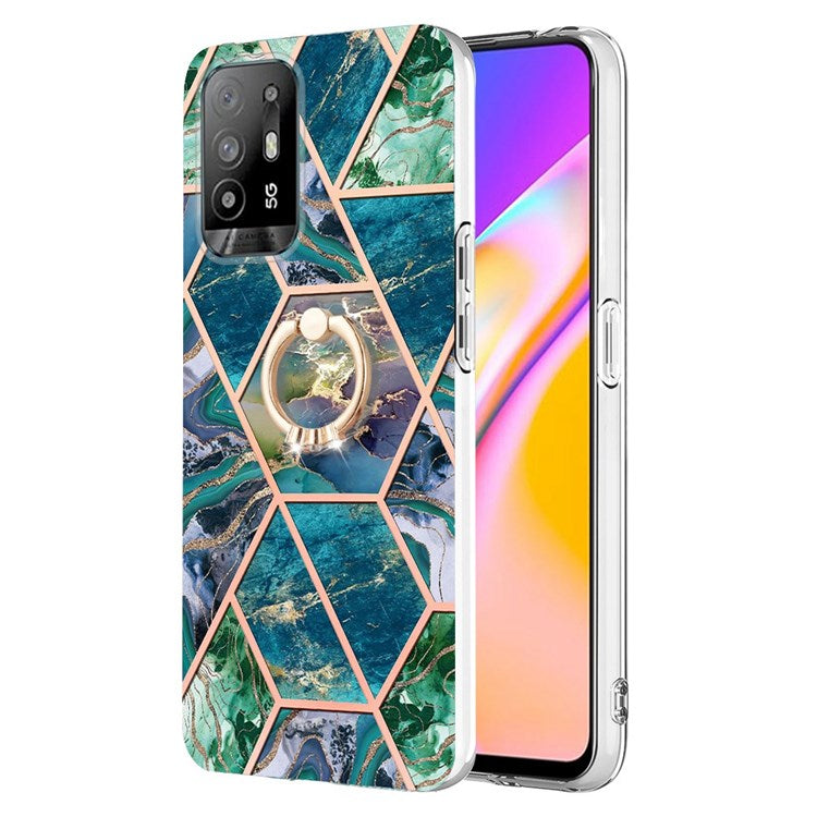 YB IMD Series-7 for Oppo A94 5G/A95 5G Electroplating Phone Case Marble Pattern IMD Shockproof TPU Smartphone Cover with Ring Kickstand - Blue/Green