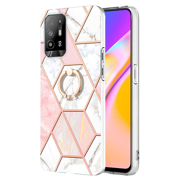 YB IMD Series-7 for Oppo A94 5G/A95 5G Electroplating Phone Case Marble Pattern IMD Shockproof TPU Smartphone Cover with Ring Kickstand - Pink/White