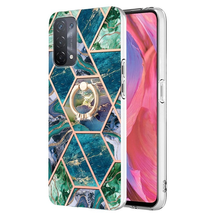 YB IMD Series-7 for Oppo A74 5G/A93 5G/A54 5G/A93s 5G Marble Pattern IMD Well-protected Phone Case Electroplating TPU Cover with Ring Kickstand - Blue/Green