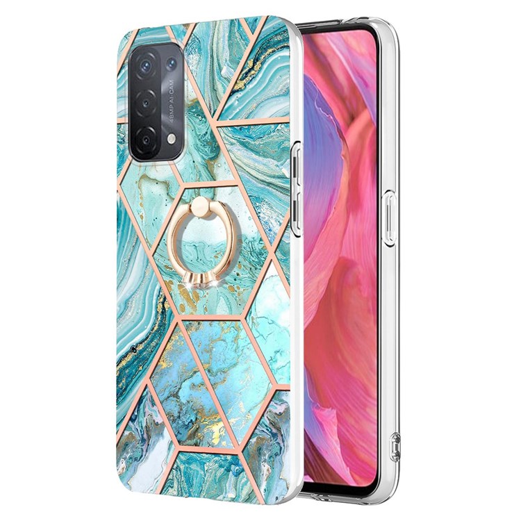 YB IMD Series-7 for Oppo A74 5G/A93 5G/A54 5G/A93s 5G Marble Pattern IMD Well-protected Phone Case Electroplating TPU Cover with Ring Kickstand - Blue