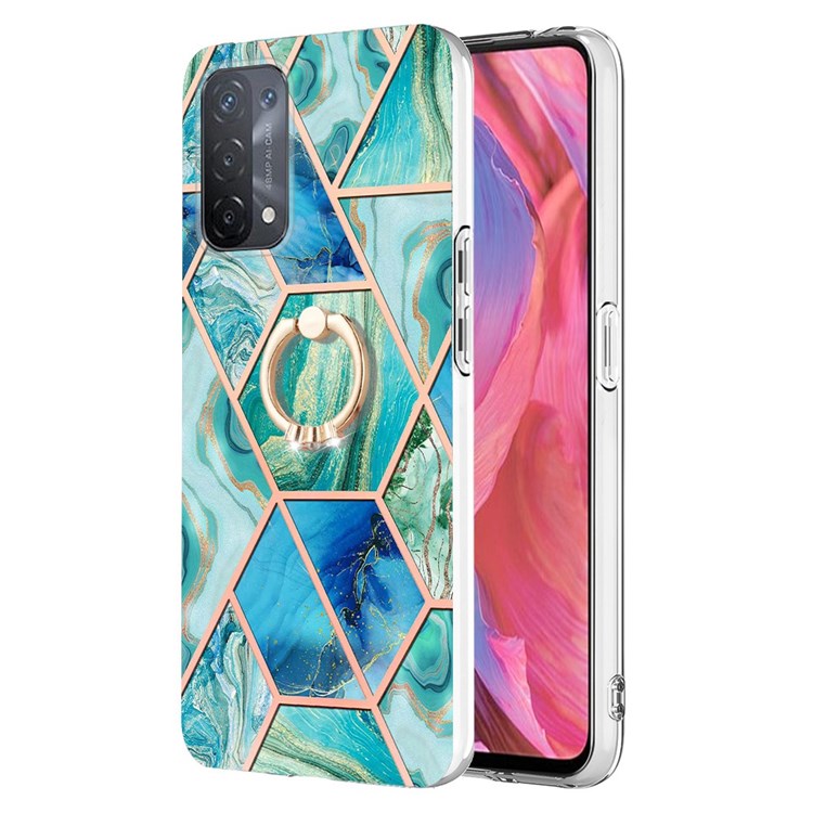 YB IMD Series-7 for Oppo A74 5G/A93 5G/A54 5G/A93s 5G Marble Pattern IMD Well-protected Phone Case Electroplating TPU Cover with Ring Kickstand - Green