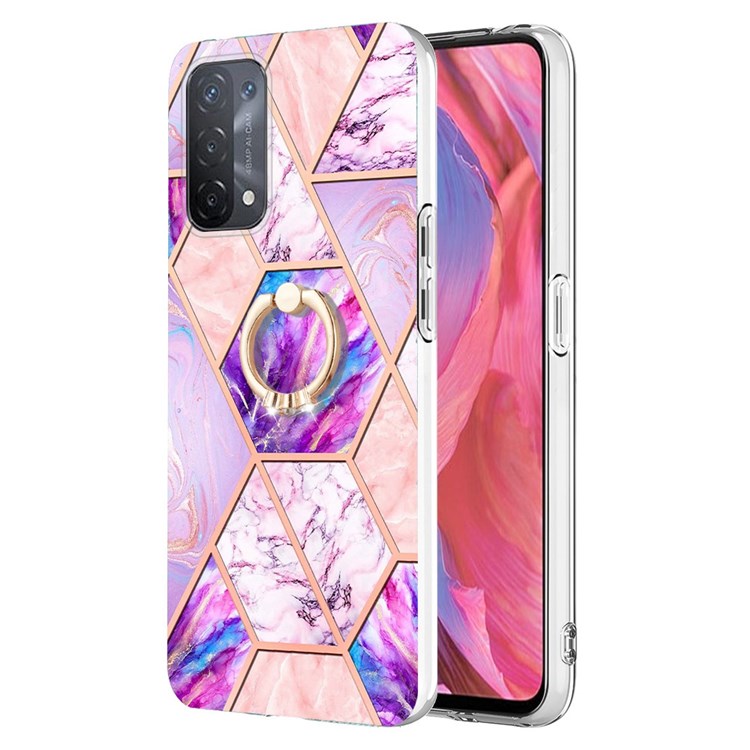 YB IMD Series-7 for Oppo A74 5G/A93 5G/A54 5G/A93s 5G Marble Pattern IMD Well-protected Phone Case Electroplating TPU Cover with Ring Kickstand - Light Purple