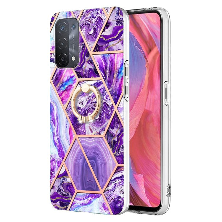 YB IMD Series-7 for Oppo A74 5G/A93 5G/A54 5G/A93s 5G Marble Pattern IMD Well-protected Phone Case Electroplating TPU Cover with Ring Kickstand - Dark Purple