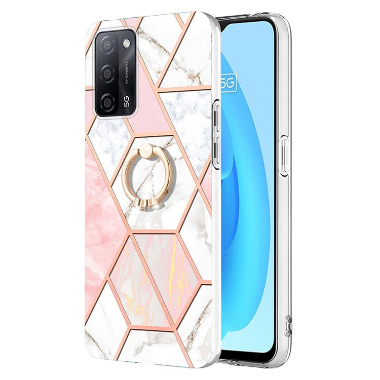 YB IMD Series-7 for Oppo A53s 5G/A55 5G/A54 4G/A16/A54s Kickstand Phone Case Marble Pattern IMD Electroplating TPU Protective Cover - Pink/White