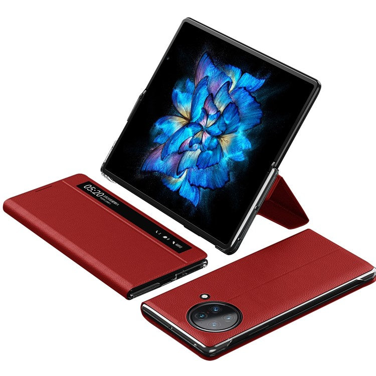 View Window PU Leather Case for vivo X Fold, Stand Folding Phone Cover with Touch Slide Button - Red