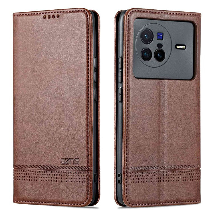 AZNS For vivo X80 PU Leather Magnetic Auto Closure Phone Case Full Protection Wallet Stand Flip Cover - Coffee