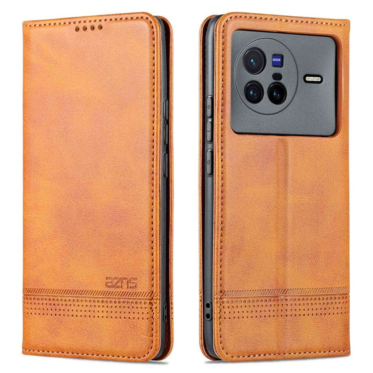 AZNS For vivo X80 PU Leather Magnetic Auto Closure Phone Case Full Protection Wallet Stand Flip Cover - Brown