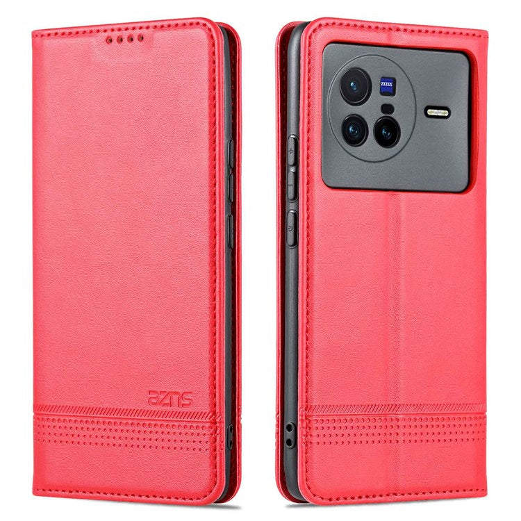 AZNS For vivo X80 PU Leather Magnetic Auto Closure Phone Case Full Protection Wallet Stand Flip Cover - Red