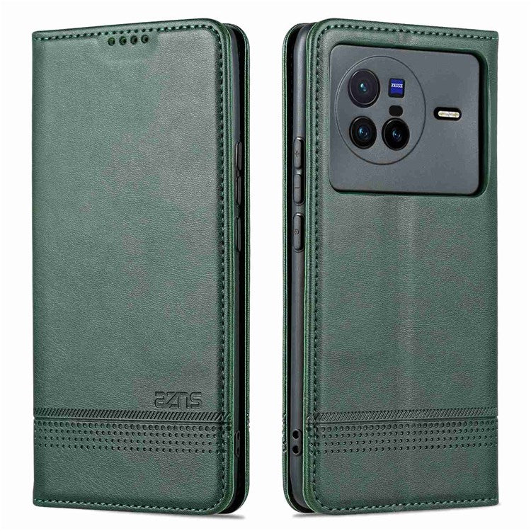 AZNS For vivo X80 PU Leather Magnetic Auto Closure Phone Case Full Protection Wallet Stand Flip Cover - Green