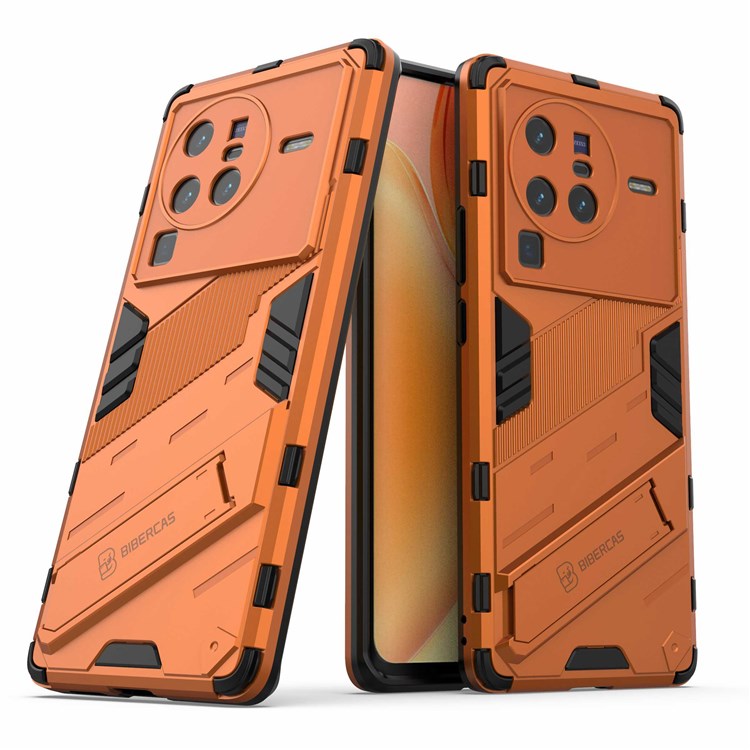 For vivo X80 Pro 5G Kickstand Combo PC + TPU Case Wear-resistant Dual Layer Anti-fall Phone Cover - Orange