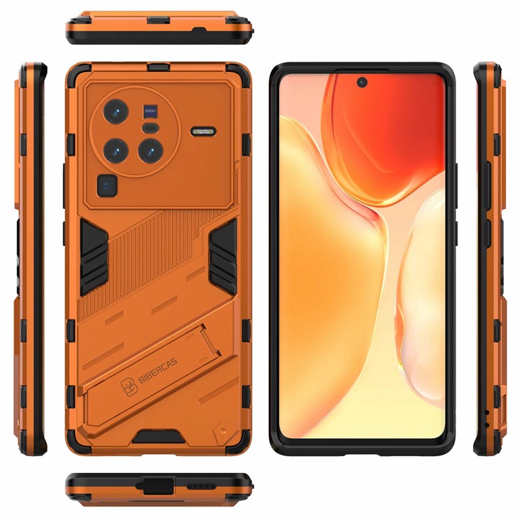 For vivo X80 Pro 5G Kickstand Combo PC + TPU Case Wear-resistant Dual Layer Anti-fall Phone Cover - Orange