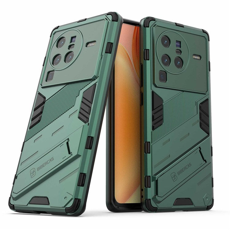 For vivo X80 Pro 5G Kickstand Combo PC + TPU Case Wear-resistant Dual Layer Anti-fall Phone Cover - Green