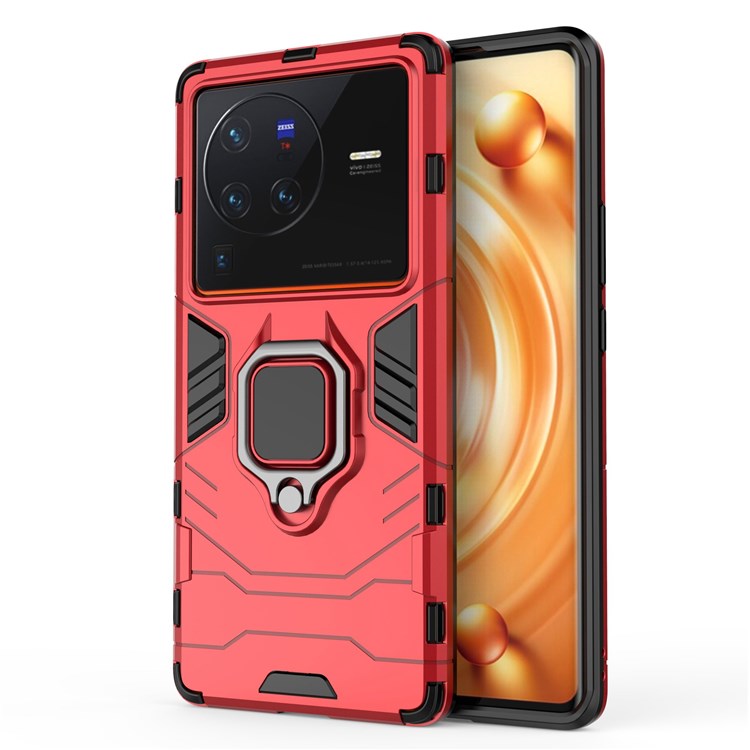 For vivo X80 Pro 5G Ring Kickstand Phone Case Anti-drop Hard PC Soft TPU Hybrid Cover - Red