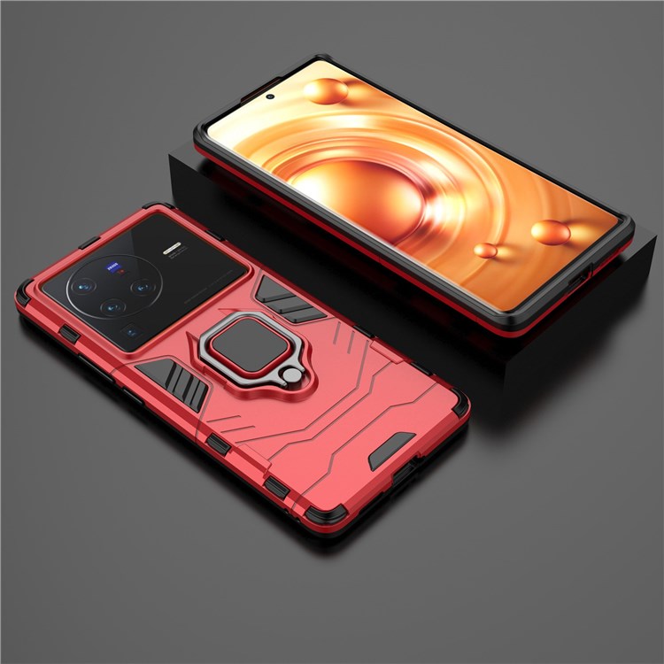 For vivo X80 Pro 5G Ring Kickstand Phone Case Anti-drop Hard PC Soft TPU Hybrid Cover - Red