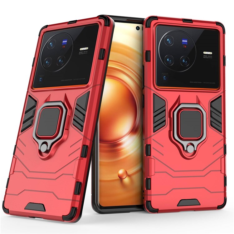 For vivo X80 Pro 5G Ring Kickstand Phone Case Anti-drop Hard PC Soft TPU Hybrid Cover - Red