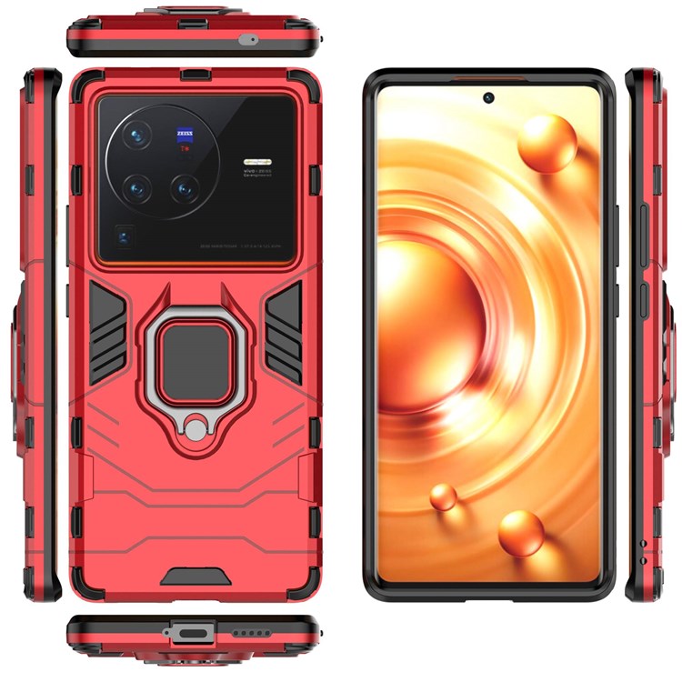 For vivo X80 Pro 5G Ring Kickstand Phone Case Anti-drop Hard PC Soft TPU Hybrid Cover - Red