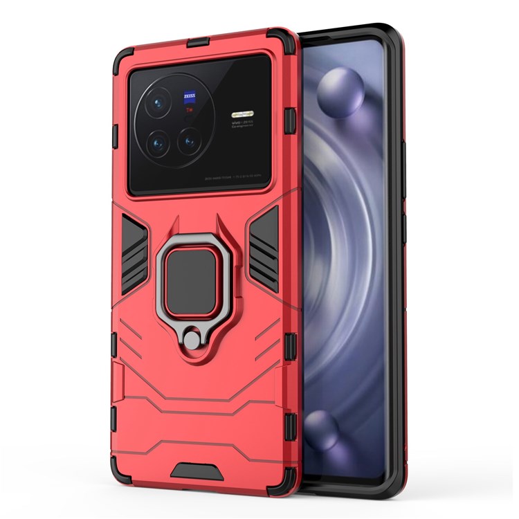 Ring Kickstand Phone Cover for vivo X80 5G, Hard PC Soft TPU Shockproof Smartphone Cover - Red