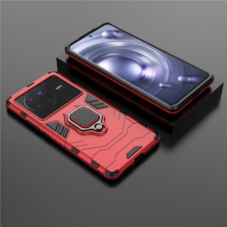 Ring Kickstand Phone Cover for vivo X80 5G, Hard PC Soft TPU Shockproof Smartphone Cover - Red