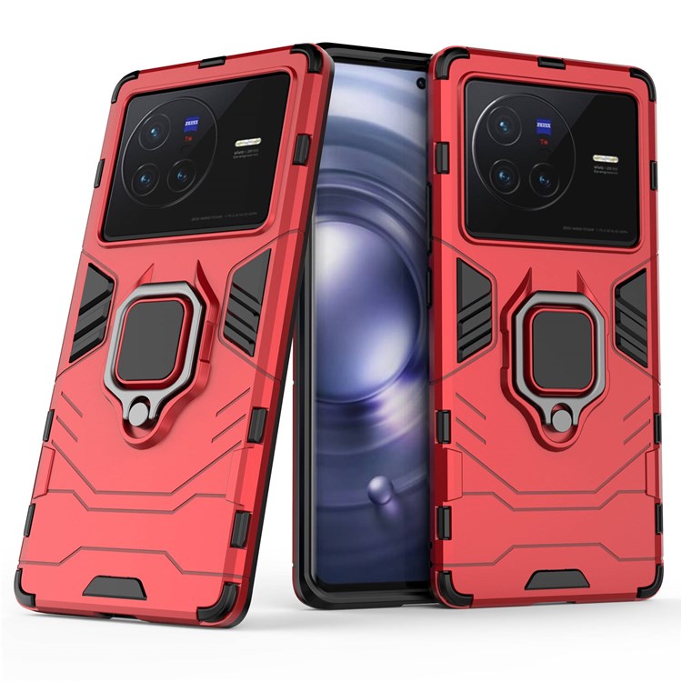 Ring Kickstand Phone Cover for vivo X80 5G, Hard PC Soft TPU Shockproof Smartphone Cover - Red