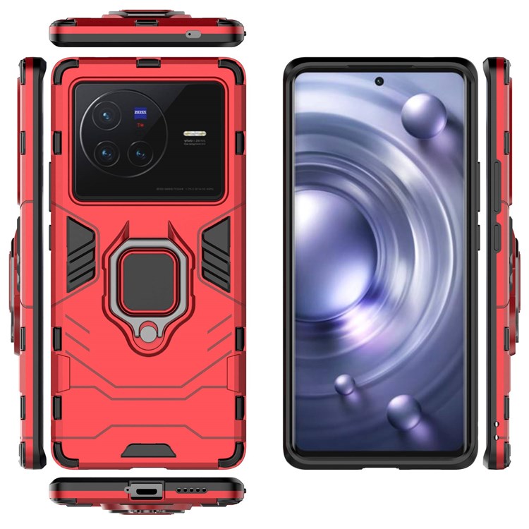 Ring Kickstand Phone Cover for vivo X80 5G, Hard PC Soft TPU Shockproof Smartphone Cover - Red