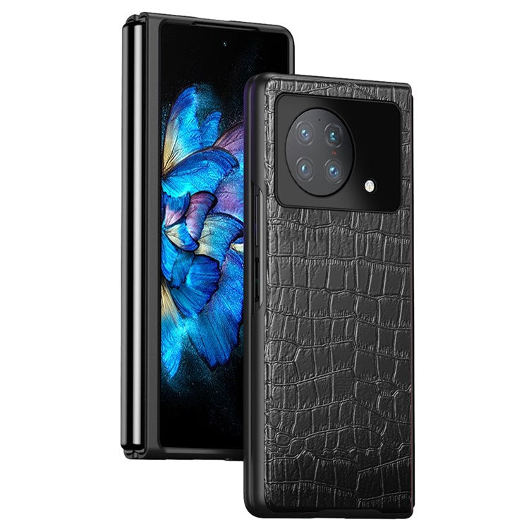 Anti-Drop Phone Case for vivo X Fold Scratch-Resistant Folded Crocodile Leather Coated Phone Protector - Black