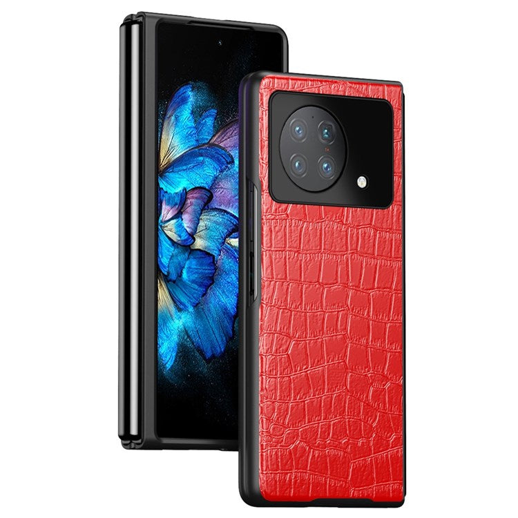 Anti-Drop Phone Case for vivo X Fold Scratch-Resistant Folded Crocodile Leather Coated Phone Protector - Red