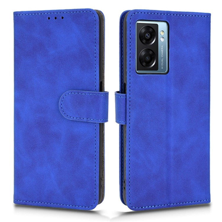 Skin-touch Feeling Phone Case for Oppo A57 (2022) 5G / A77 5G / OnePlus Nord N300 5G, PU Leather + TPU Full Protection Cover with Stand Wallet - Blue