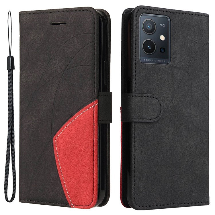 For vivo Y55 5G Anti-fall Anti-scratch Dual-color Splicing PU Leather Wallet Function Phone Case Stand Shell with Strap - Black