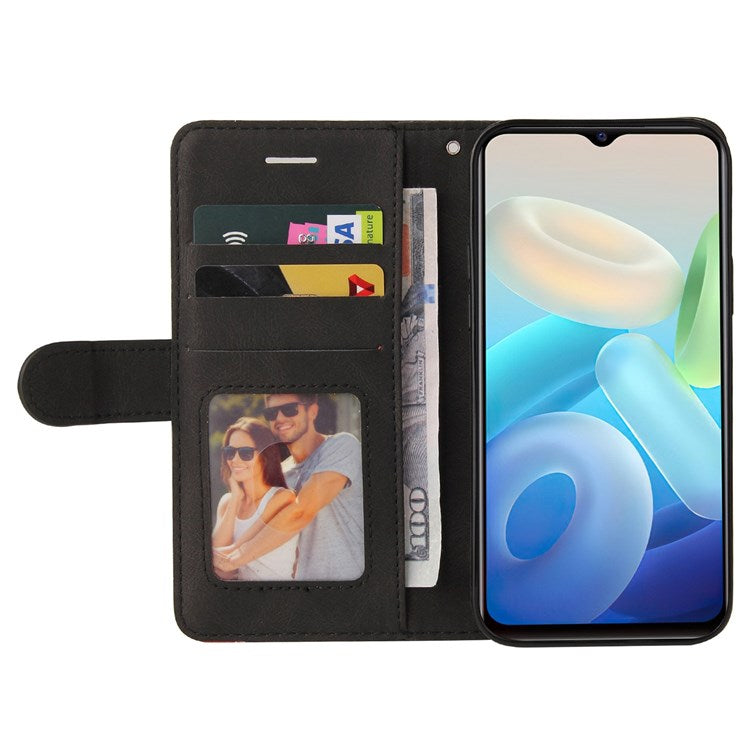 For vivo Y55 5G Anti-fall Anti-scratch Dual-color Splicing PU Leather Wallet Function Phone Case Stand Shell with Strap - Black