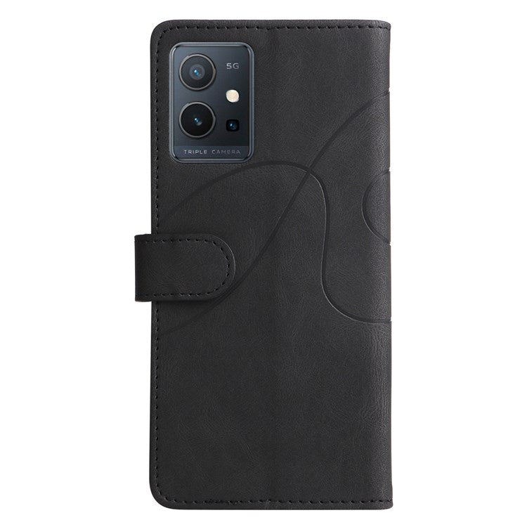 For vivo Y55 5G Anti-fall Anti-scratch Dual-color Splicing PU Leather Wallet Function Phone Case Stand Shell with Strap - Black