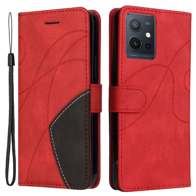 For vivo Y55 5G Anti-fall Anti-scratch Dual-color Splicing PU Leather Wallet Function Phone Case Stand Shell with Strap - Red