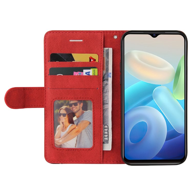 For vivo Y55 5G Anti-fall Anti-scratch Dual-color Splicing PU Leather Wallet Function Phone Case Stand Shell with Strap - Red